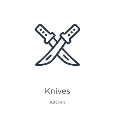 Bıçak simgesi. İnce doğrusal bıçaklar mutfak koleksiyonundan beyaz arkaplanda izole edilmiş ana hat simgesi. Çizgi vektör bıçakları işareti, ağ ve mobil sembolü