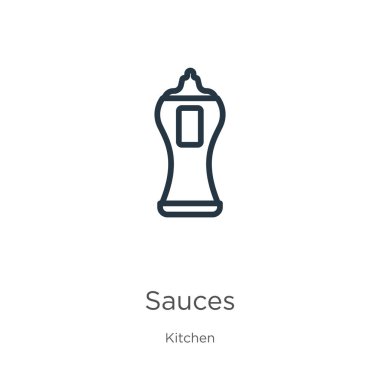 Sos simgesi. Mutfak koleksiyonundan beyaz arkaplanda izole edilmiş ince doğrusal soslar ana hatları simgesi. Çizgi vektör sosları işareti, ağ ve mobil sembolü