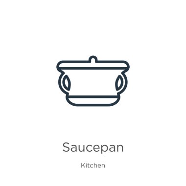 Tencere ikonu. Mutfak koleksiyonundan beyaz arka planda izole edilmiş ince tencereli taslak simgesi. Çizgi vektör tenceresi işareti, ağ ve mobil sembolü