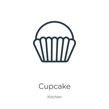 Kek ikonu. Mutfak koleksiyonundan beyaz arkaplanda izole edilmiş ince doğrusal kek taslak ikonu. Çizgi vektör cupcake işareti, ağ ve mobil sembolü