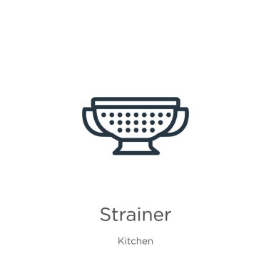 Süzgeç simgesi. Mutfak koleksiyonundan beyaz arkaplanda izole edilmiş ince doğrusal süzgeç ana hatları simgesi. Çizgi vektör süzgeci işareti, ağ ve mobil sembolü
