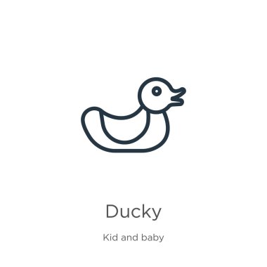 Ördek ikonu. Çocuk ve bebek koleksiyonundan beyaz arkaplanda izole edilmiş ince doğrusal ördek ana hatları simgesi. Çizgi vektör ördek işareti, ağ ve mobil sembolü