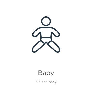 Bebek ikonu. Çocuk ve bebek koleksiyonundan beyaz arkaplanda izole edilmiş ince doğrusal bebek taslak ikonu. Çizgi taşıyıcı bebek işareti, ağ ve mobil sembolü