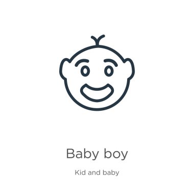 Erkek bebek ikonu. Çocuk ve bebek koleksiyonundan beyaz arka planda izole edilmiş ince çizgisel erkek ana hatları ikonu. Çizgi vektör oğlan işareti, ağ ve mobil sembolü