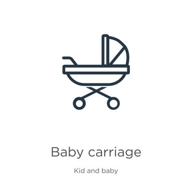 Bebek arabası ikonu. Çocuk ve bebek koleksiyonundan beyaz arkaplanda izole edilmiş ince doğrusal bebek arabası taslak ikonu. Çizgi vektör taşıyıcı işareti, ağ ve mobil sembolü