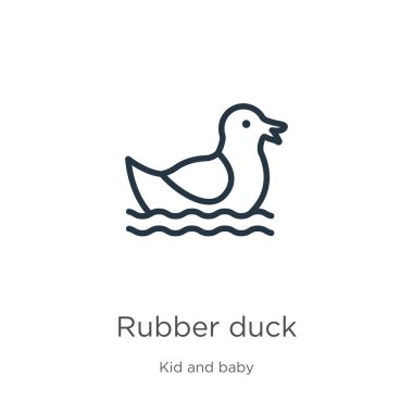 Kauçuk ördek ikonu. Çocuk ve bebek koleksiyonundan beyaz arka planda izole edilmiş ince çizgisel plastik ördek taslak ikonu. Çizgi vektör plastik ördek işareti, ağ ve mobil sembolü