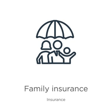 Aile sigortası ikonu. Sigorta tahsilatından izole edilmiş ince doğrusal aile sigorta ana hatları ikonu. Çizgi vektör aile sigortası işareti, web ve mobil simgesi