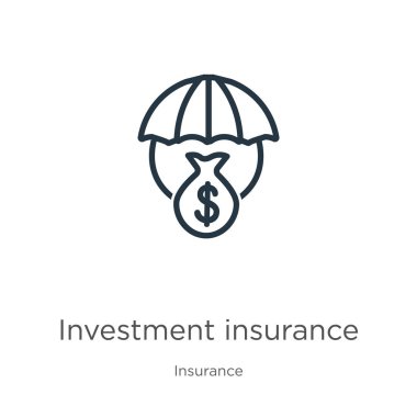 Yatırım sigortası ikonu. Sigorta tahsilatından izole edilmiş ince doğrusal yatırım sigorta ana hatları ikonu. Satır vektörü yatırım sigortası işareti, web ve mobil sembolü