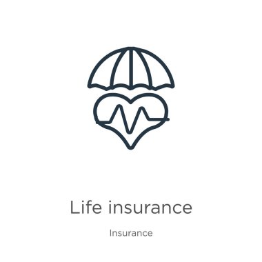 Hayat sigortası ikonu. Sigorta tahsilatından izole edilmiş ince doğrusal hayat sigortası ana hatları simgesi. Çizgi vektör yaşam sigortası işareti, ağ ve mobil sembolü