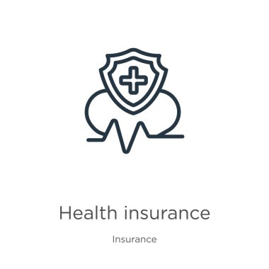 Sağlık sigortası ikonu. Sigorta tahsilatından izole edilmiş ince doğrusal sağlık sigortası ana hatları simgesi. Hat vektör sağlık sigortası işareti, ağ ve cep telefonu sembolü