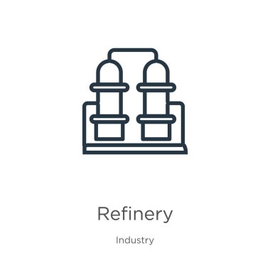 Rafineri simgesi. Sektör koleksiyonundan izole edilmiş ince çizgisel rafineri taslak ikonu. Çizgi vektör rafinerisi işareti, ağ ve mobil sembolü