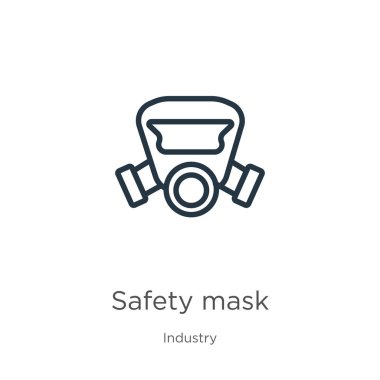 Güvenlik maskesi simgesi. İnce doğrusal güvenlik maskesi taslak ikonu sanayi koleksiyonundan beyaz arka planda izole edildi. Çizgi vektör güvenlik maskesi işareti, ağ ve mobil sembolü