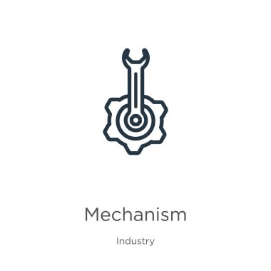 Mekanizma simgesi. Sektör koleksiyonundan izole edilmiş ince doğrusal mekanizma ana hatları simgesi. Çizgi vektör mekanizması işareti, ağ ve mobil sembolü