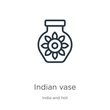 Hint vazosu ikonu. İnce doğrusal Hint vazosu taslak simgesi Hindistan koleksiyonundan beyaz arka planda izole edildi. Çizgi vektörü Hint vazosu işareti, ağ ve mobil sembolü