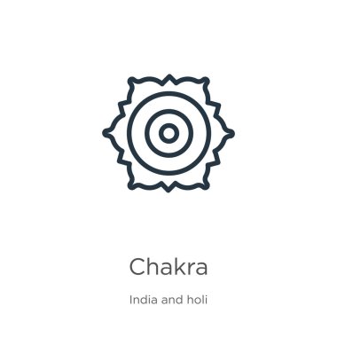 Çakra simgesi. Hindistan ve Holi koleksiyonundan beyaz arkaplanda izole edilmiş ince doğrusal çakra taslak ikonu. Çizgi vektör çakra işareti, ağ ve mobil sembolü