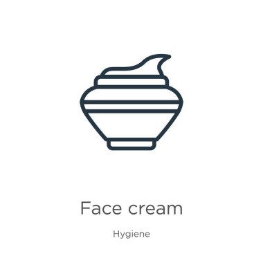 Yüz kremi ikonu. Beyaz arkaplanda hijyen koleksiyonundan izole edilmiş ince doğrusal yüz kremi taslak ikonu. Çizgi vektör yüz kremi işareti, ağ ve mobil sembolü