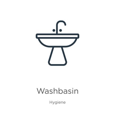 Lavabo simgesi. Beyaz arka planda hijyen koleksiyonundan izole edilmiş ince doğrusal lavabo taslak ikonu. Çizgi vektör lavabosu işareti, ağ ve mobil sembolü