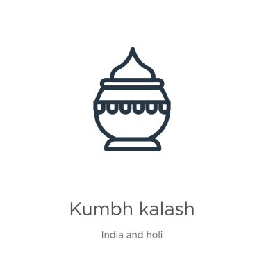 Kumbh kalash ikonu. Hindistan koleksiyonundan beyaz arkaplanda izole edilmiş ince doğrusal kumbh kalash taslak simgesi. Çizgi vektörü kumbh kalash işareti, ağ ve mobil sembolü