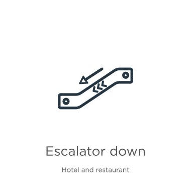 Yürüyen merdiven aşağı ikon. Kalacak yer arkaplanından izole edilmiş ince doğrusal yürüyen merdiven aşağı ana hat simgesi. Çizgi vektör yürüyen merdiven aşağı işareti, ağ ve mobil sembolü