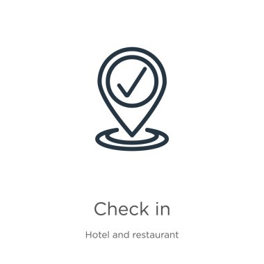 Simgeyi kontrol et. Beyaz arkaplanda konaklama koleksiyonundan izole edilmiş ana hatlar simgesindeki ince doğrusal kontrol. Çizgi vektör kontrolü işareti, ağ ve mobil sembolü