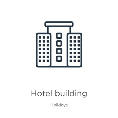 Otel binası ikonu. İnce doğrusal otel binası ana hatları beyaz arka planda tatil koleksiyonundan izole edilmiş. Hat vektör otel binası işareti, ağ ve mobil sembolü
