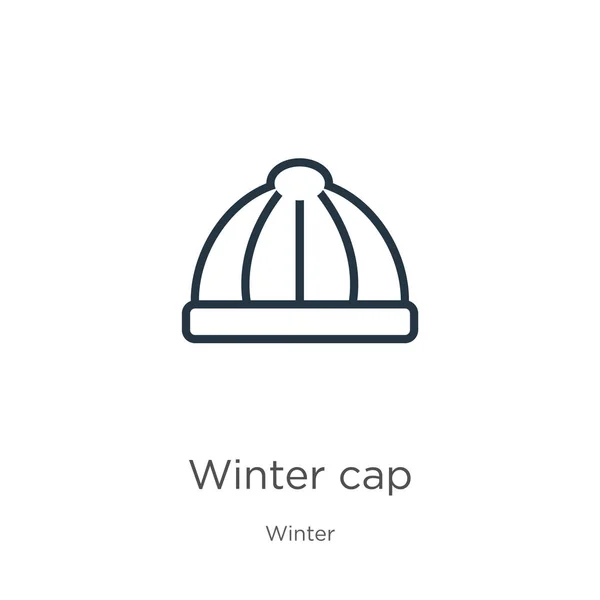 Icono de invierno. Icono de contorno de gorra de invierno lineal delgado aislado sobre fondo blanco de la colección de invierno. Signo de gorra de invierno vector de línea, símbolo para web y móvil — Vector de stock