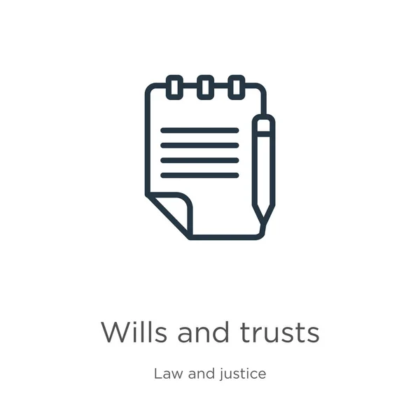 Testamentos y confianzas icono. Testamentos lineales delgados y confianzas esbozan icono aislado en el fondo blanco de la ley y la colección de justicia. Línea vector testamentos y fideicomisos signo, símbolo para web y móvil — Vector de stock