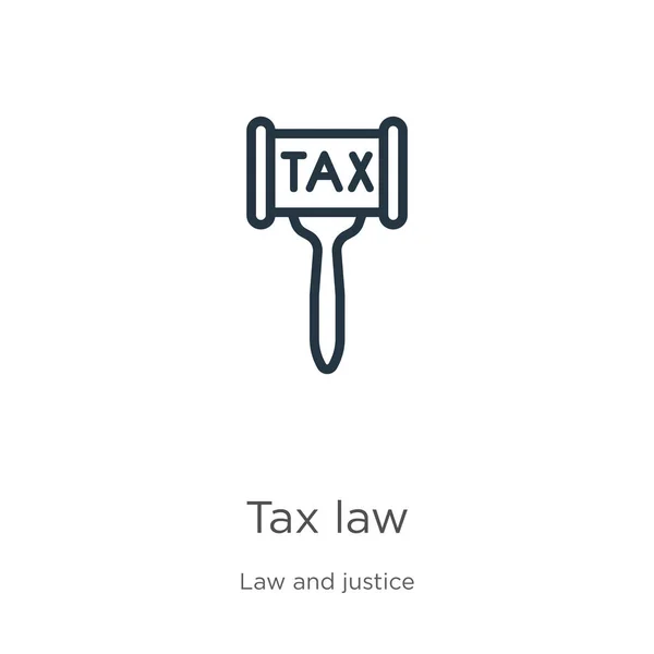Ikona prawa podatkowego. Cienkie linearne prawo podatkowe przedstawia ikonę odizolowaną na białym tle od prawa i wymiaru sprawiedliwości. Znak prawa podatkowego wektora linii, symbol sieci web i mobile — Wektor stockowy