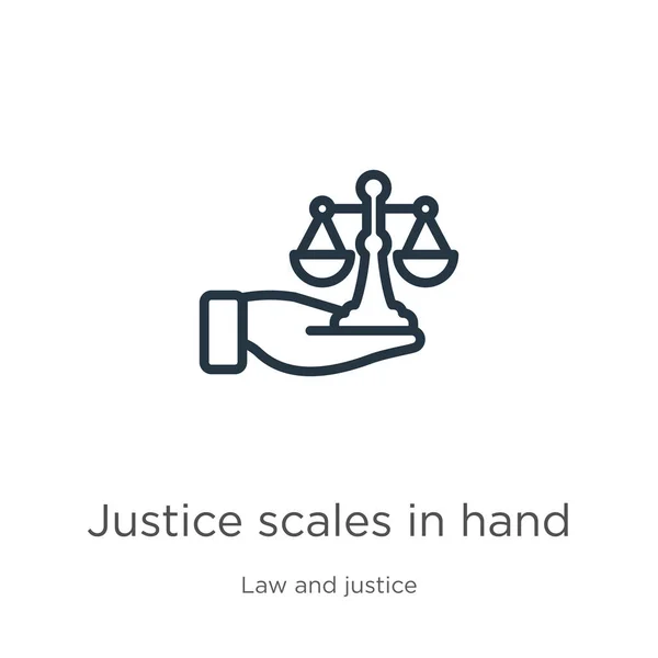 Adalet terazisi el simgesidir. Hukuktan ve adalet tahsilatından izole edilmiş ince doğrusal adalet ölçüleri. Çizgi vektör adaleti el işaretinde ölçülür, ağ sembolü ve — Stok Vektör