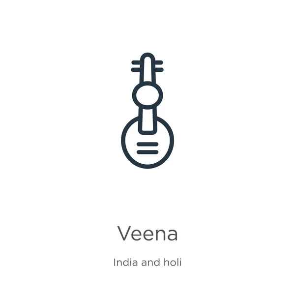 Icono de Veena. Icono delgada vena lineal contorno aislado sobre fondo blanco de la colección india y holi. Línea vector veena signo, símbolo para web y móvil — Vector de stock