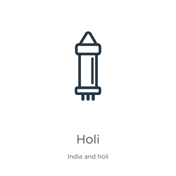 Icono Holi. Icono delgada del contorno de holi lineal aislado sobre fondo blanco de la colección india y holi. Signo de línea vector holi, símbolo para web y móvil — Vector de stock