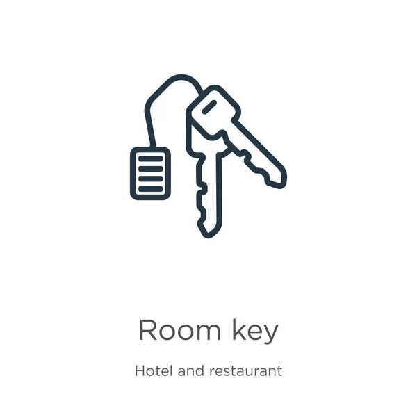 En ikon för rumsnyckeln. Tunn linjär rum nyckel kontur ikon isolerad på vit bakgrund från hotellets samling. Linje vektor rum nyckel tecken, symbol för webben och mobil — Stock vektor