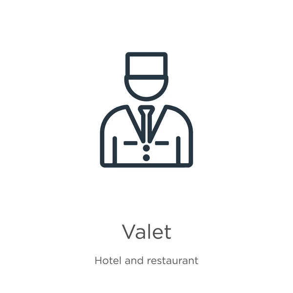 Εικονίδιο valet. Λεπτή γραμμική εικόνα περιγράμματος valet απομονώνονται σε λευκό φόντο από το ξενοδοχείο και εστιατόριο συλλογή. Γραμμή vector valet σημάδι, σύμβολο για το διαδίκτυο και το κινητό — Διανυσματικό Αρχείο