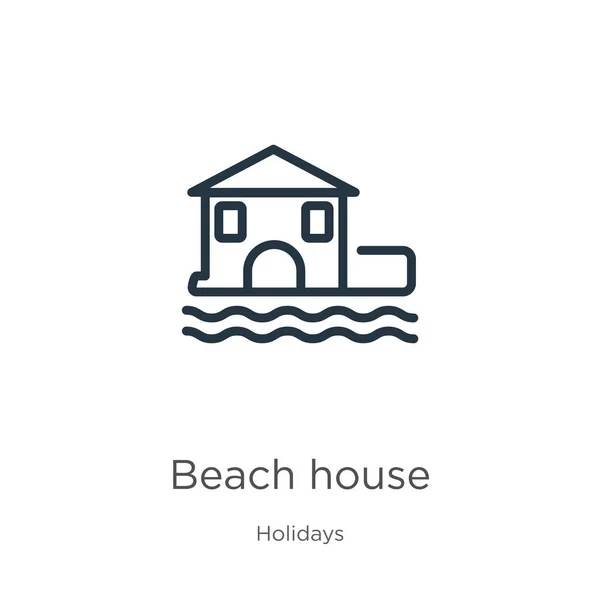 Icono de casa de playa. Esquema de casa de playa lineal delgada icono aislado sobre fondo blanco de la colección de vacaciones. Línea vector playa casa signo, símbolo para web y móvil — Archivo Imágenes Vectoriales