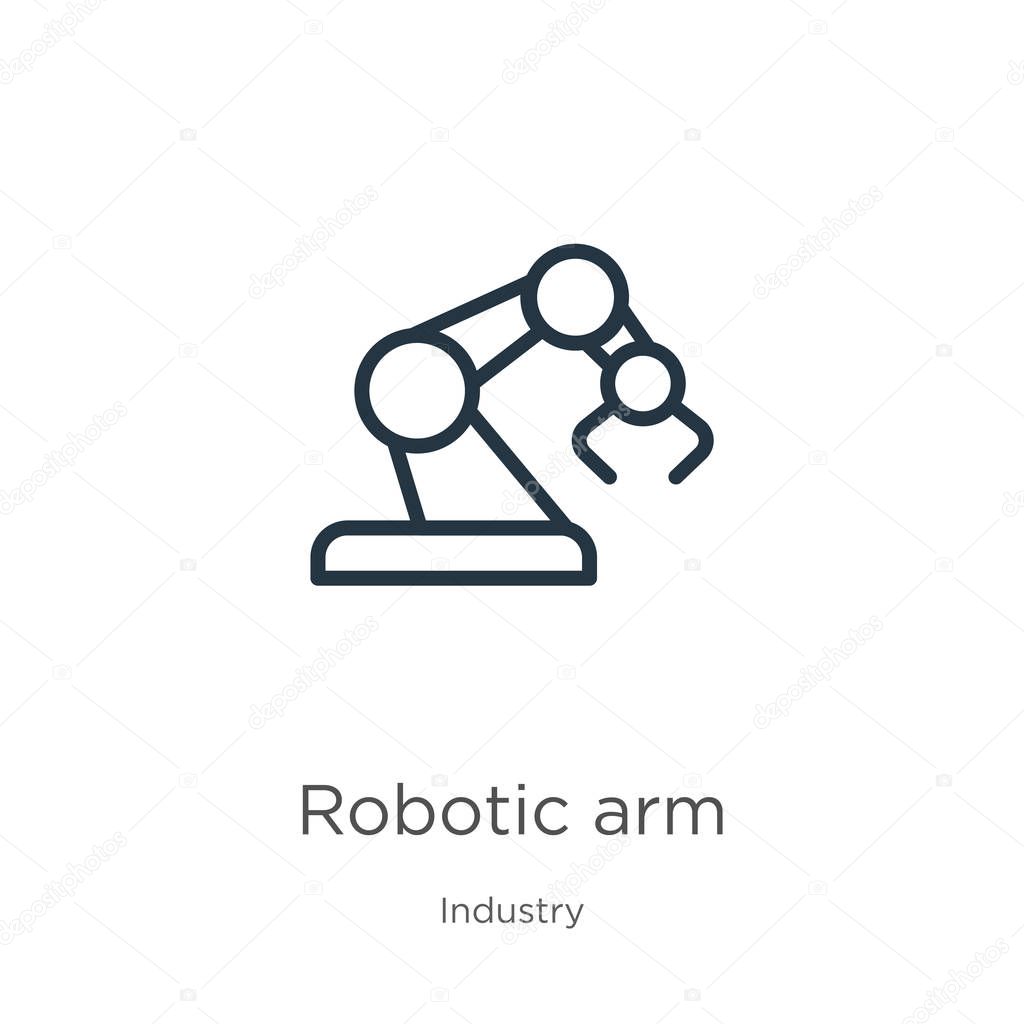Robotic arm icon. Thin linear robotic arm outline icon isolated on white background from industry collection. Line vector robotic arm sign, symbol for web and mobile