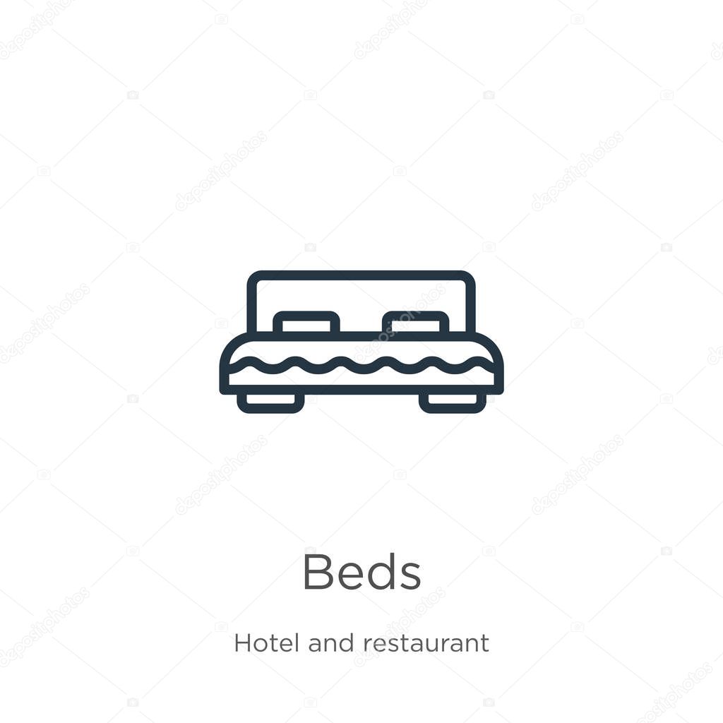 Beds icon. Thin linear beds outline icon isolated on white background from hotel collection. Line vector beds sign, symbol for web and mobile