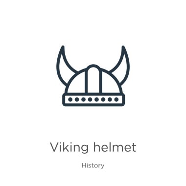 Viking miğferi simgesi. Tarih koleksiyonundan izole edilmiş ince doğrusal Viking miğfer taslak simgesi. Hat vektörü Viking miğferi işareti, ağ ve mobil sembolü