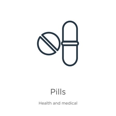 İlaç ikonu. İnce doğrusal haplar ana hatları beyaz arka planda izole edilmiş sağlık koleksiyonundan. Çizgi vektör hapları işareti, ağ ve mobil sembolü