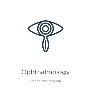 Oftalmoloji ikonu. İnce doğrusal oftalmoloji ana hatları sağlık ve tıp koleksiyonundan beyaz arka planda izole edilmiş. Çizgi vektör oftalmoloji işareti, ağ ve mobil sembolü