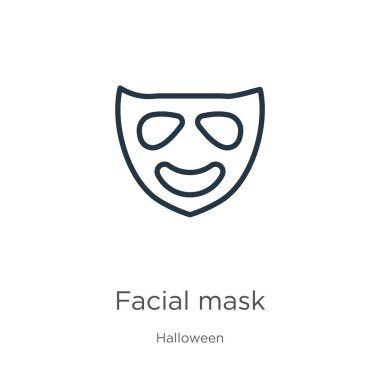 Yüz maskesi ikonu. Cadılar Bayramı koleksiyonundan beyaz arkaplanda izole edilmiş ince doğrusal yüz maskesi ana hatları simgesi. Çizgi vektör yüz maskesi işareti, ağ ve mobil sembolü