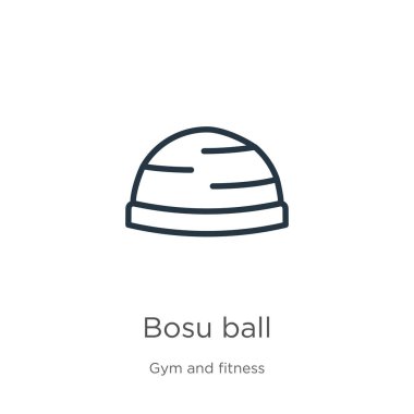 Bosu topu ikonu. İnce doğrusal bosu topu ana hatları beyaz arka planda izole edilmiş spor salonu ve fitness koleksiyonu. Çizgi vektör bosu işareti, ağ ve mobil sembolü