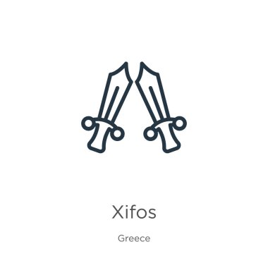 Xifos simgesi. Yunan koleksiyonundan izole edilmiş ince doğrusal xifos ana hatları simgesi. Hat vektörü xifos işareti, ağ ve mobil sembolü