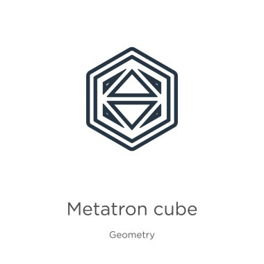 Metatron küp simgesi. Geometri koleksiyonundan beyaz arkaplanda izole edilmiş ince doğrusal metatron küp ana hatları simgesi. Çizgi vektör metatron küp işareti, ağ ve mobil için sembol