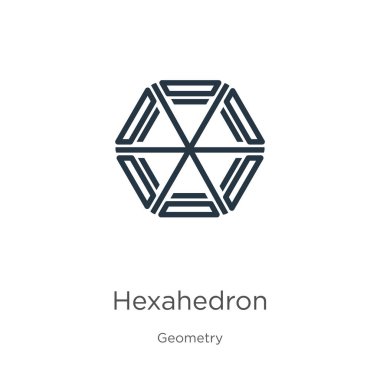 Hexahedron simgesi. Geometri koleksiyonundan beyaz arkaplanda izole edilmiş ince doğrusal heksahedron ana hatları simgesi. Çizgi vektörü heksahedron işareti, ağ ve mobil simgesi