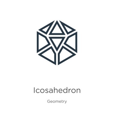 Icosahedron simgesi. Geometri koleksiyonundan beyaz arkaplanda izole edilmiş ince doğrusal ikosahedron ana hatları simgesi. Çizgi vektörü izohedron işareti, ağ ve mobil sembolü