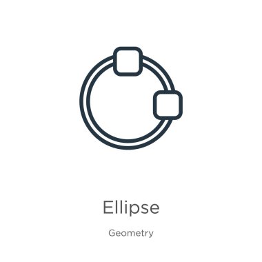 Elips ikonu. Geometri koleksiyonundan beyaz arkaplanda izole edilmiş ince doğrusal elips ana hatları simgesi. Çizgi vektör elips işareti, ağ ve mobil sembolü