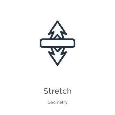 Esnetme simgesi. Geometri koleksiyonundan beyaz arkaplanda izole edilmiş ince doğrusal gerilme çizgisi simgesi. Çizgi vektör germe işareti, ağ ve mobil sembolü