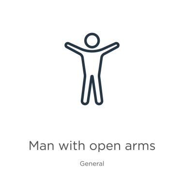 Kolları açık bir adam. Açık kollu, ince çizgisel adam beyaz arka planda genel koleksiyondan izole edilmiş bir taslak ikonu var. Açık kollu çizgi vektörü, ağ ve mobil sembolü