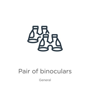 Bir çift dürbün simgesi. Dürbünün ince doğrusal çifti genel koleksiyondan beyaz arkaplanda izole edilmiş ana hat ikonu. Dürbünün çizgi vektör çifti işareti, ağ ve mobil için sembol