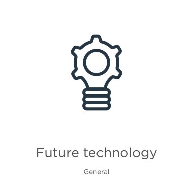 Geleceğin teknoloji ikonu. Genel koleksiyondan beyaz arkaplanda izole edilmiş ince doğrusal gelecek teknoloji ana hatları simgesi. Satır vektörü gelecek teknoloji işareti, ağ ve mobil sembolü